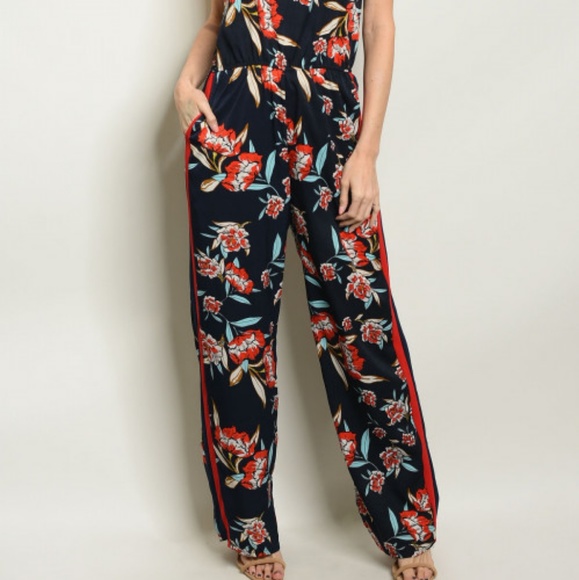 NAVY RED FLORAL JUMPSUIT - Picture 3 of 6